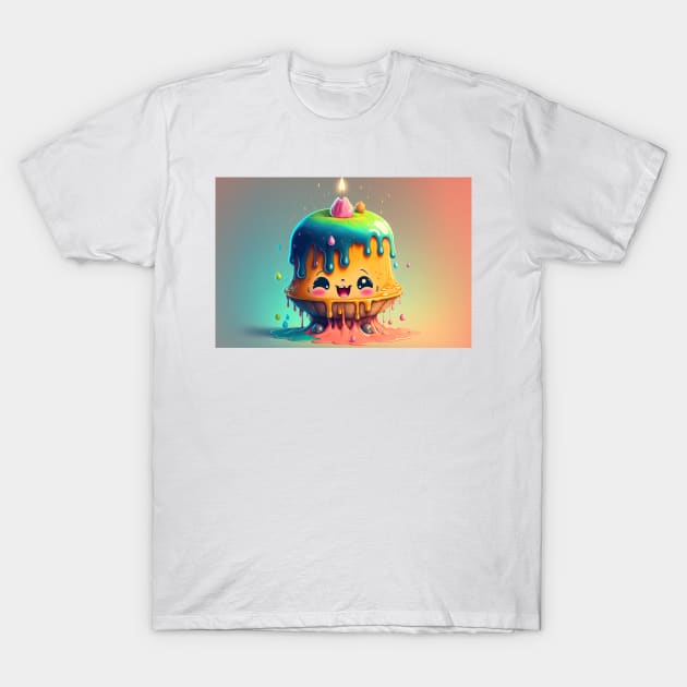 Cake Caricature - January 1st - Yearlong Psychedelic Cute Cakes Collection - Birthday Party - Delicious Dripping Paint, Bright Colors, and Big Adorable Smiles T-Shirt by JensenArtCo